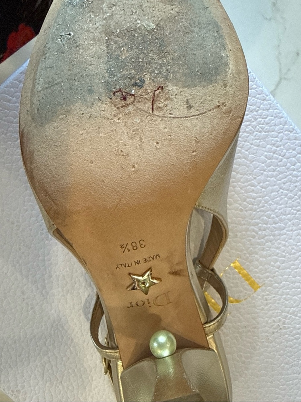 Dior Metallic Gold Pointed Slingback Heels with Crystal Heel Accent - Picture 12 of 12
